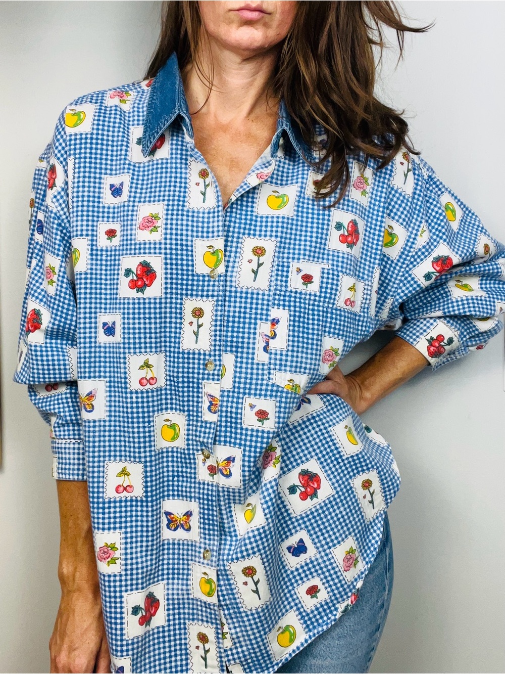 Vintage 90s Gingham Fruit Novelty Button-Up Shirt – Oversized 2XL